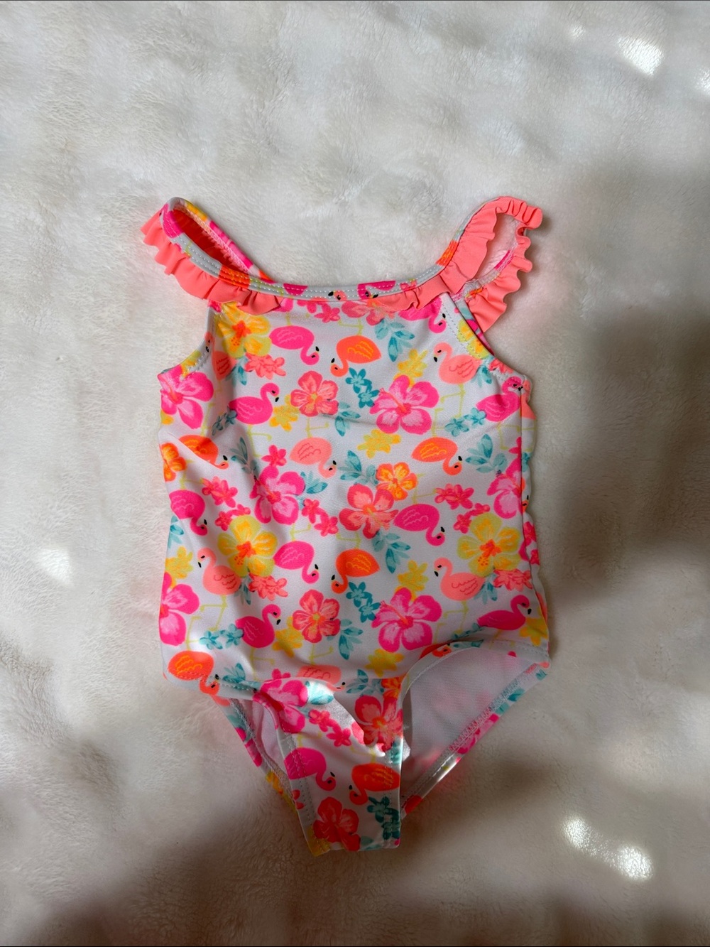 healthtex Neon Pink Floral & Flamingo Ruffle One-Piece Swimsuit